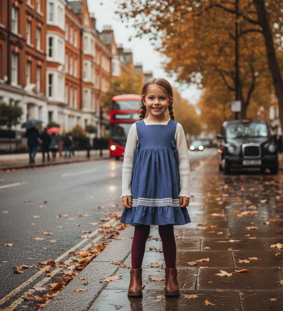 Girls Blue Cotton Dress Warm Layered Long Sleeve Outfit for Kids 3–9Y all season