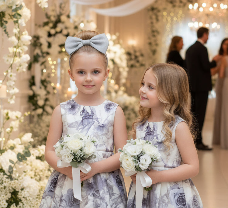 Girls Smoke Grey Sleeveless Floral Cocktail Dress with Elegant BowVintage Flower Girl Dress – Girls Smoke Grey Floral A-Line Dress with Bow for Wedding & Special Occasions (Ages 3–12)