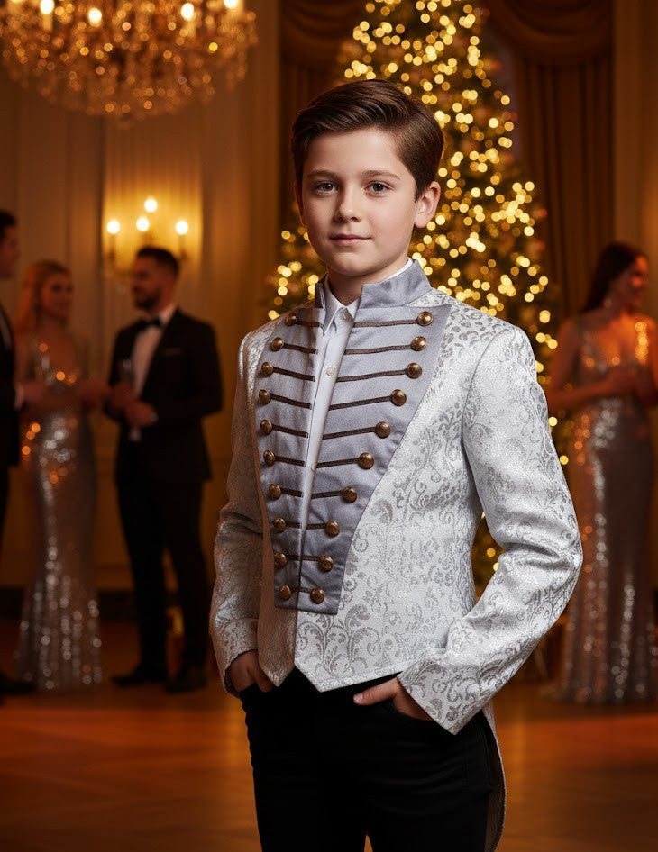 Luxury Boys Brocade Tailcoat Suit – Silver Page Boy Tuxedo Set for Wedding & Formal Occasions (Ages 6–14)