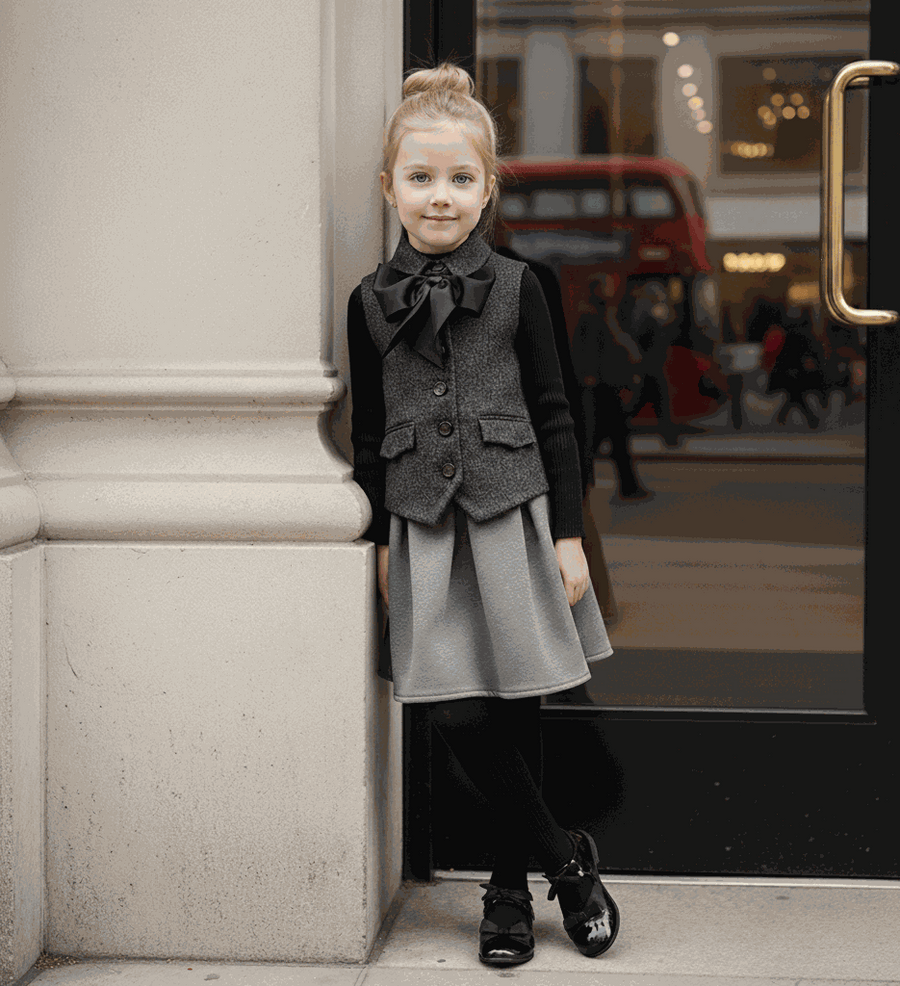 Girls vintage wool waistcoat with bow detail for elegant layering at weddings and parties