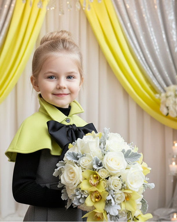 Apple Green Cape Flower Girl Dress with Bow – Elegant Wedding Princess Outfit for Girls (Ages 9–12)