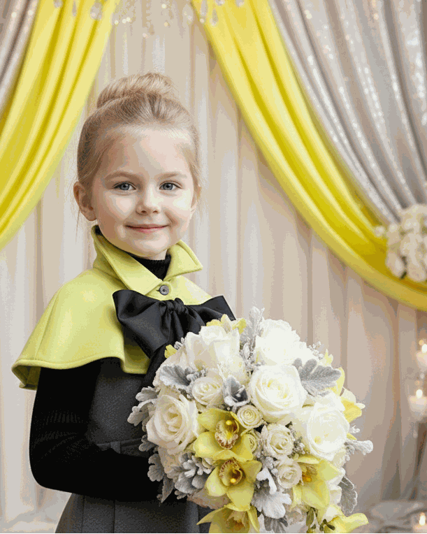 Apple green cape flower girl dress with black bow and button-front detail for girls aged 9-12