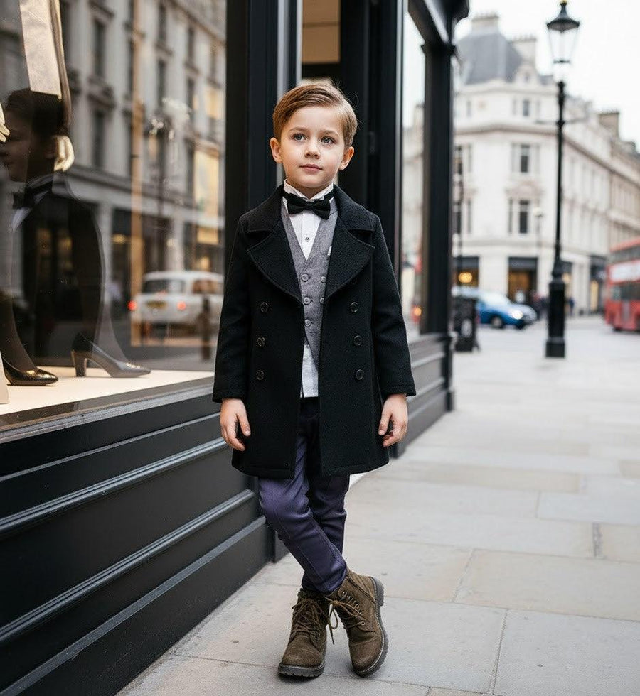 Boys black cashmere coat stylish wool blend outerwear for ages 3-12 years