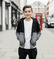 Boys black zip-up hoodie with splicing design and hood for ages 3-9, casual cotton-blend sweatshirt jacket