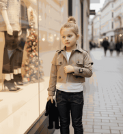girl wearing cotton trench coat windproof vintage style jacket ages 4 to 14 years