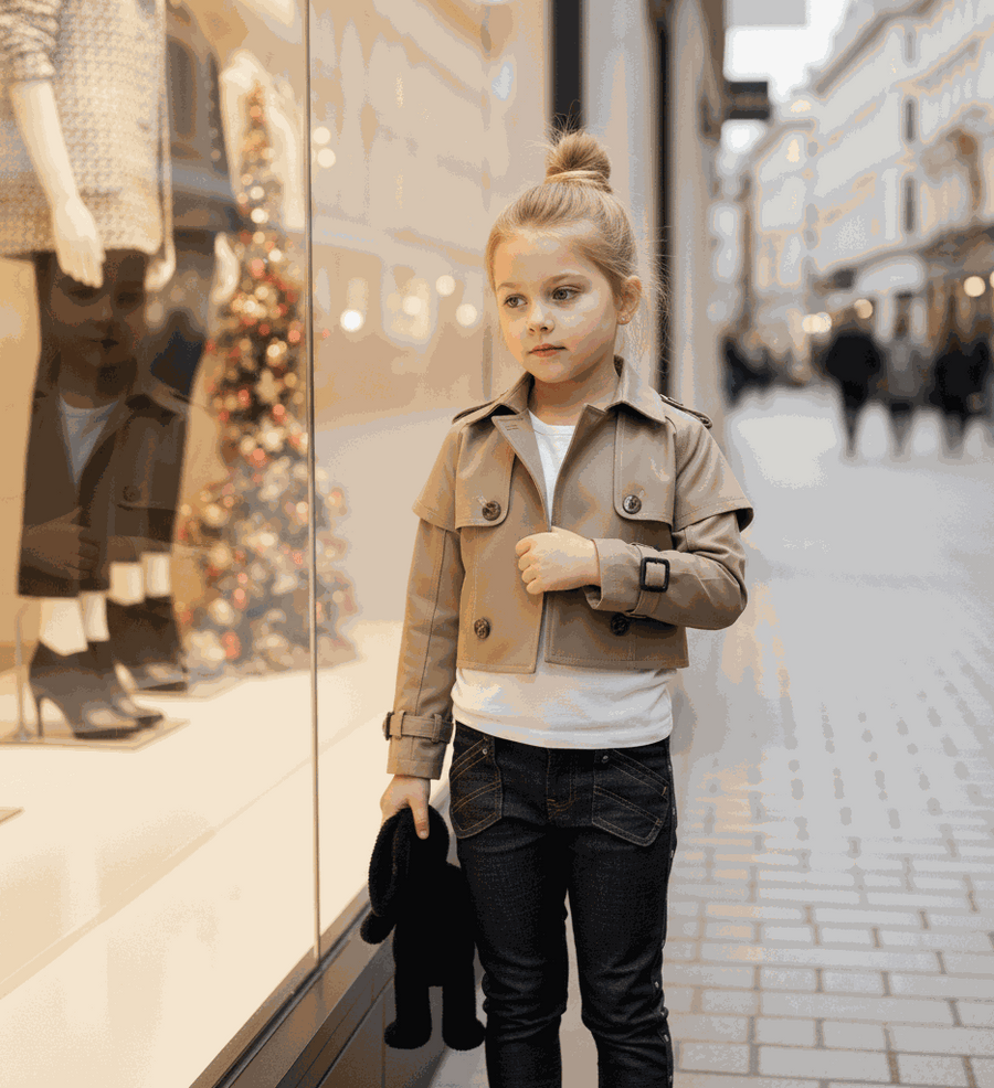 girl wearing cotton trench coat windproof vintage style jacket ages 4 to 14 years