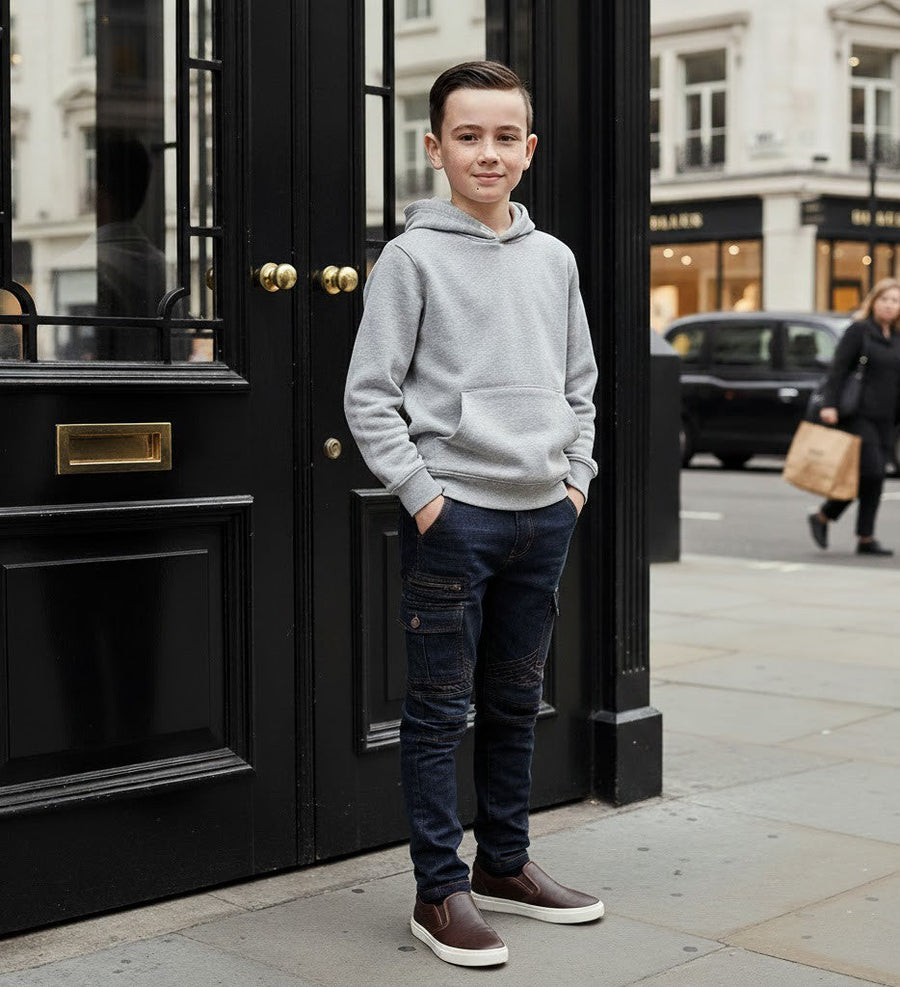 Boys stretch denim casual jeans in navy blue and black cotton trousers for ages 4 to 12 years