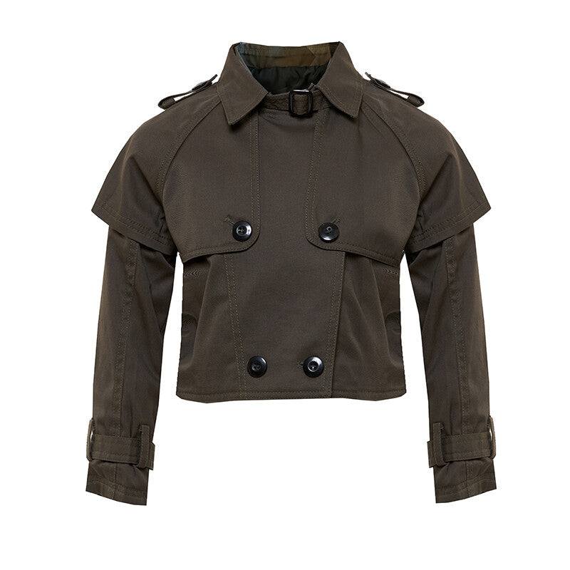 girl wearing windproof cotton trench coat with double-breasted buttons and belted waist