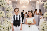 Boys black brocade waistcoat with button-front closure for formal occasions and weddings, ages 4-9