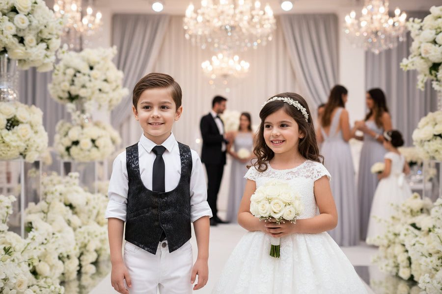 Boys black brocade waistcoat with button-front closure for formal occasions and weddings, ages 4-9