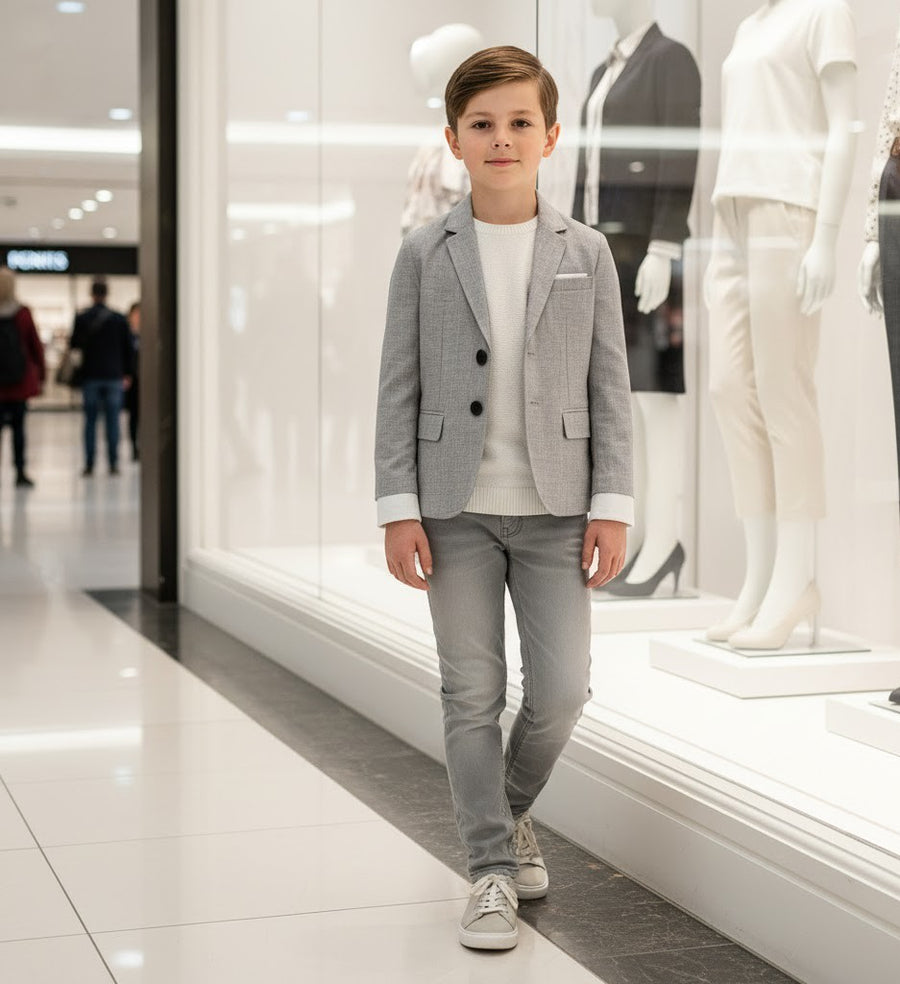Boys Grey Casual Blazer with Double Cuffs (3–10 Years) | Smart Casual & Party Jacket