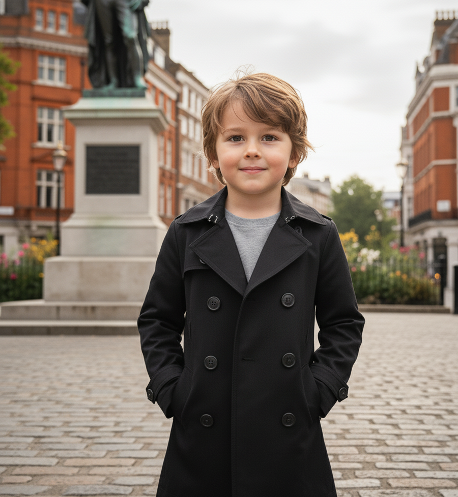 Kids Double Breasted Trench Coat in black cotton, with a classic lapel collar, double rows of buttons and a long cut.