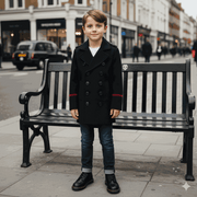 Boys military style wool jacket with double-breasted design and cashmere finish for kids ages 3-9