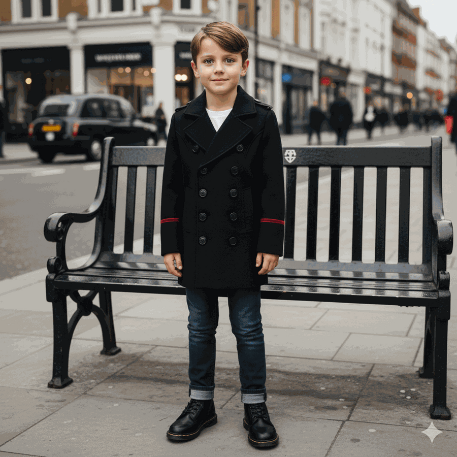 Boys military style wool jacket with double-breasted design and cashmere finish for kids ages 3-9