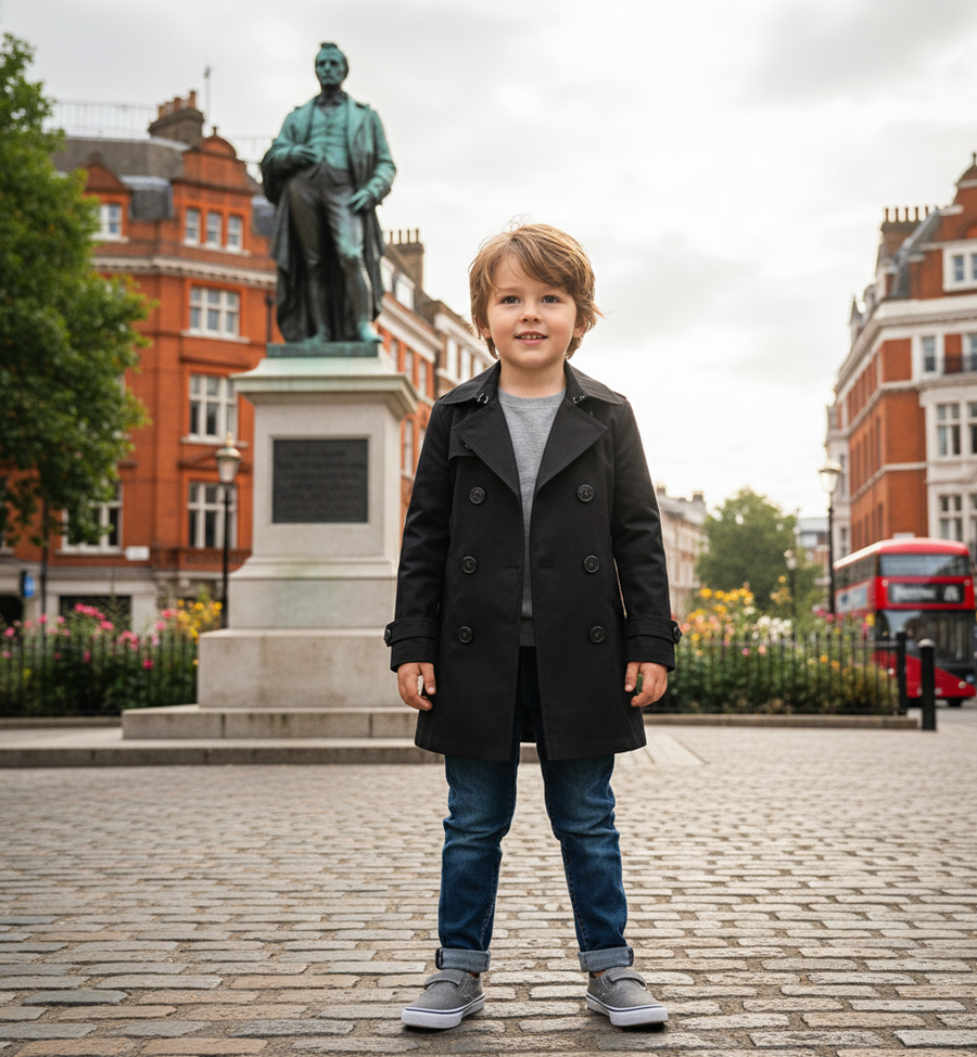 Kids Double Breasted Trench Coat in black cotton, with a double-breasted button front, wide lapels and straight cut.