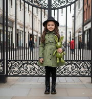 Girl wearing black cotton trench dress coat for autumn and winter, ages 3-7, windproof and waterproof