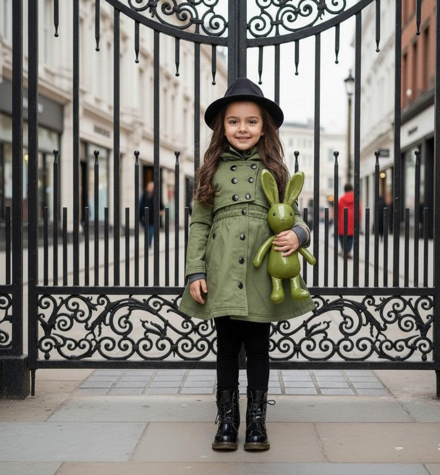 Girl wearing black cotton trench dress coat for autumn and winter, ages 3-7, windproof and waterproof