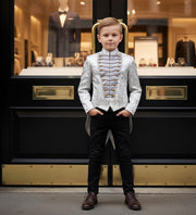 Luxury Boys Brocade Tailcoat Suit – Silver Page Boy Tuxedo Set for Wedding & Formal Occasions (Ages 6–14)