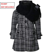 Little girl wearing elegant red cashmere long coat with black bow detail for autumn winter ages 3-5 years
