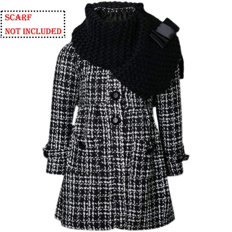 Little girl wearing elegant red cashmere long coat with black bow detail for autumn winter ages 3-5 years