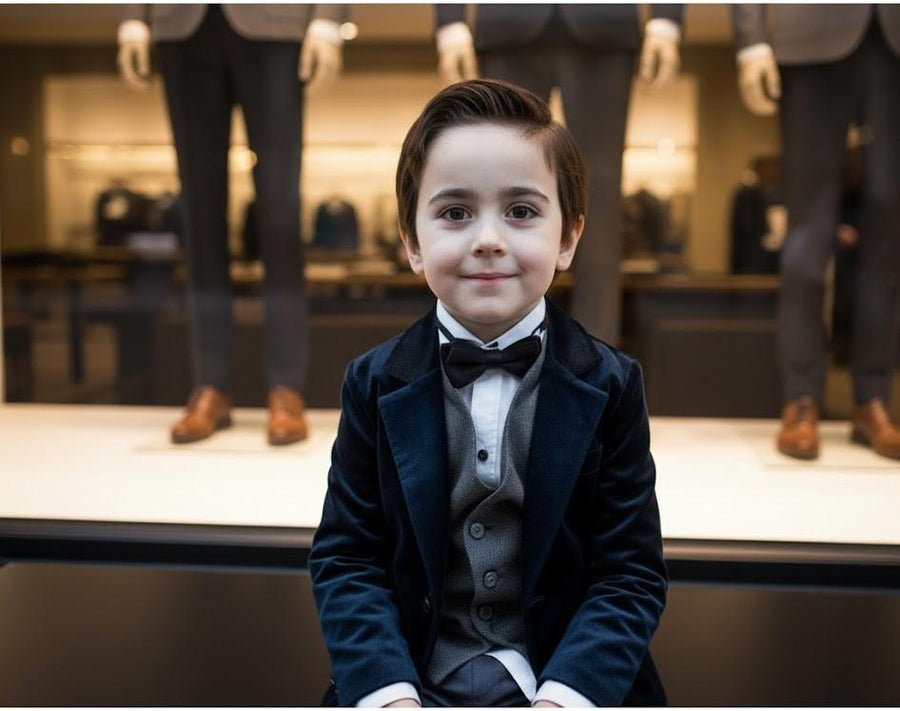 Boy aged 6-9 wearing a tailored navy velvet blazer, styled for formal and everyday occasions with classic lapels and soft texture.