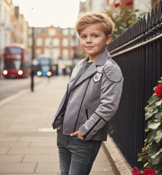 Boys' velvet jacket light grey green color block casual fall winter outerwear for ages 3-10