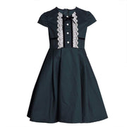 Girls dark green lace dress with white detailing, vintage cotton A-line dress for ages 3-7, perfect for formal occasions