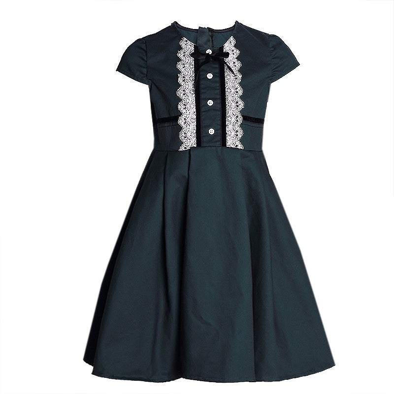 Girls dark green lace dress with white detailing, vintage cotton A-line dress for ages 3-7, perfect for formal occasions