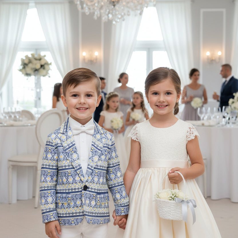 Boys blue floral cotton blazer with artistic print for smart casual and wedding wear size 110 age 4-5 years