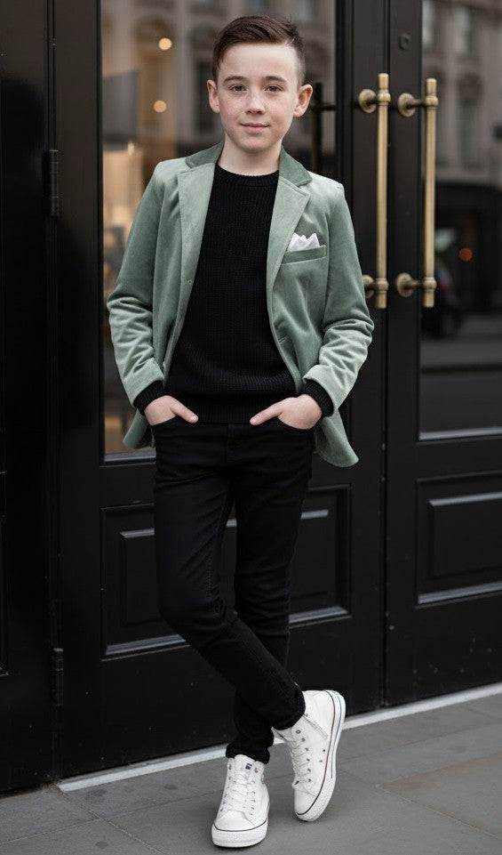 Boys green matte velvet blazer tailored for ages 6-9, ideal for smart casual and formal occasions