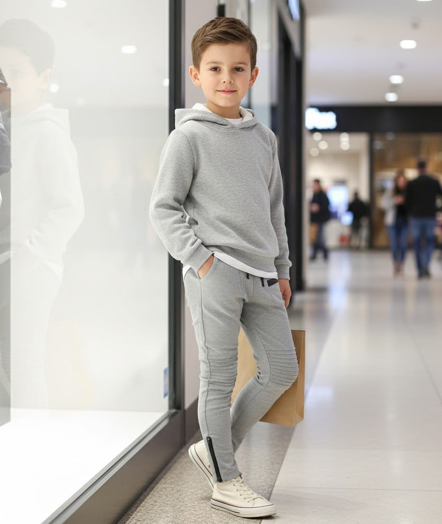 Gray boys slim fit knit pants for ages 4-12 with stretch fabric and elastic waistband