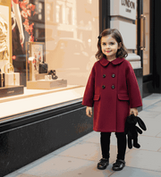 Toddler girl wearing wine red cashmere long coat baby doll style autumn winter outfit