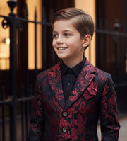 Luxury Boys Brocade Blazer – Black & Wine Red Floral Page Boy Jacket for Wedding & Formal Occasions (Ages 4–12)