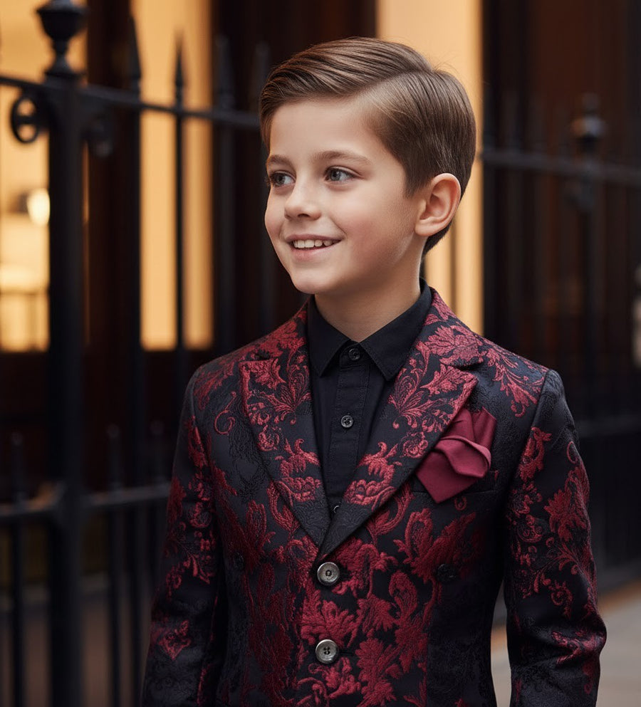 Luxury Boys Brocade Blazer – Black & Wine Red Floral Page Boy Jacket for Wedding & Formal Occasions (Ages 4–12)