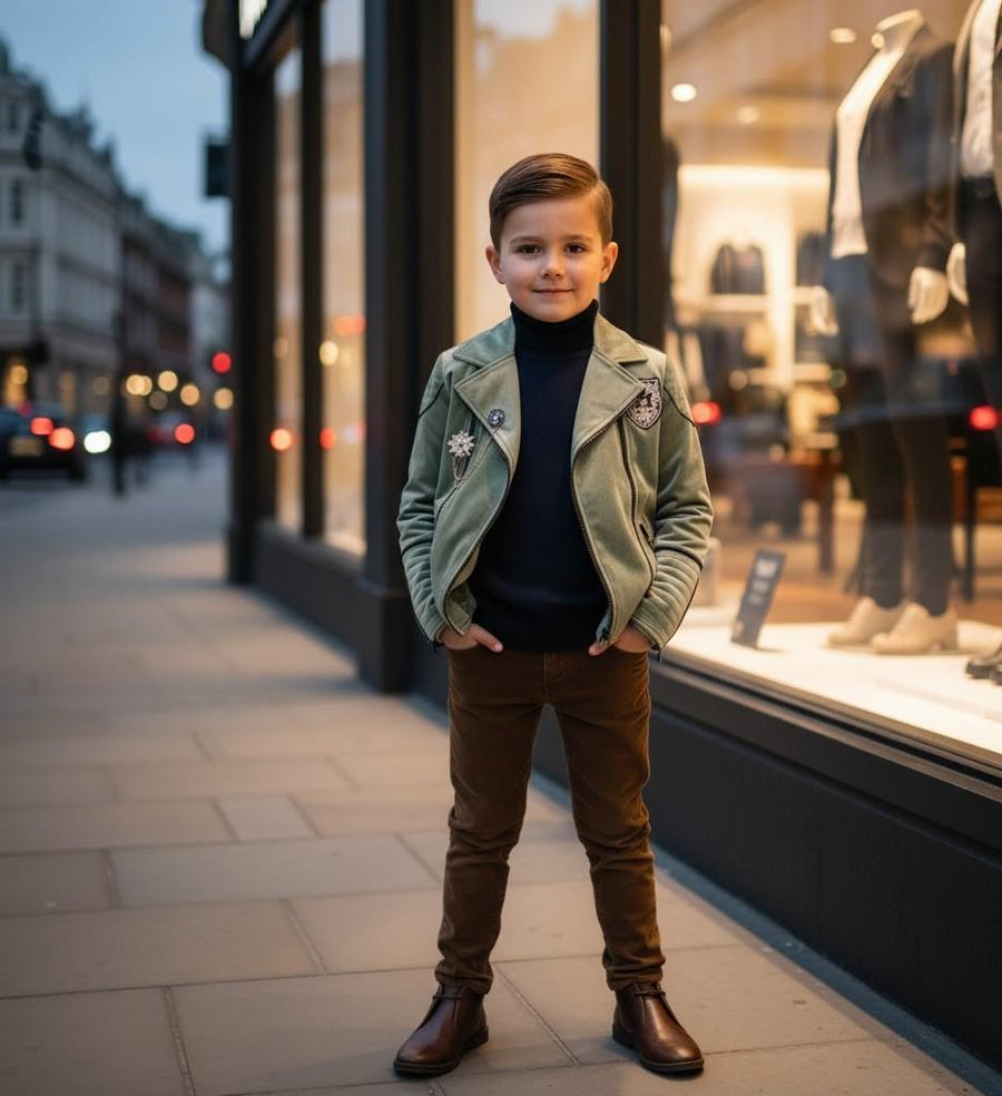 Boys' velvet jacket in light grey and green with soft fabric and casual tailored fit for boys 3-9 years