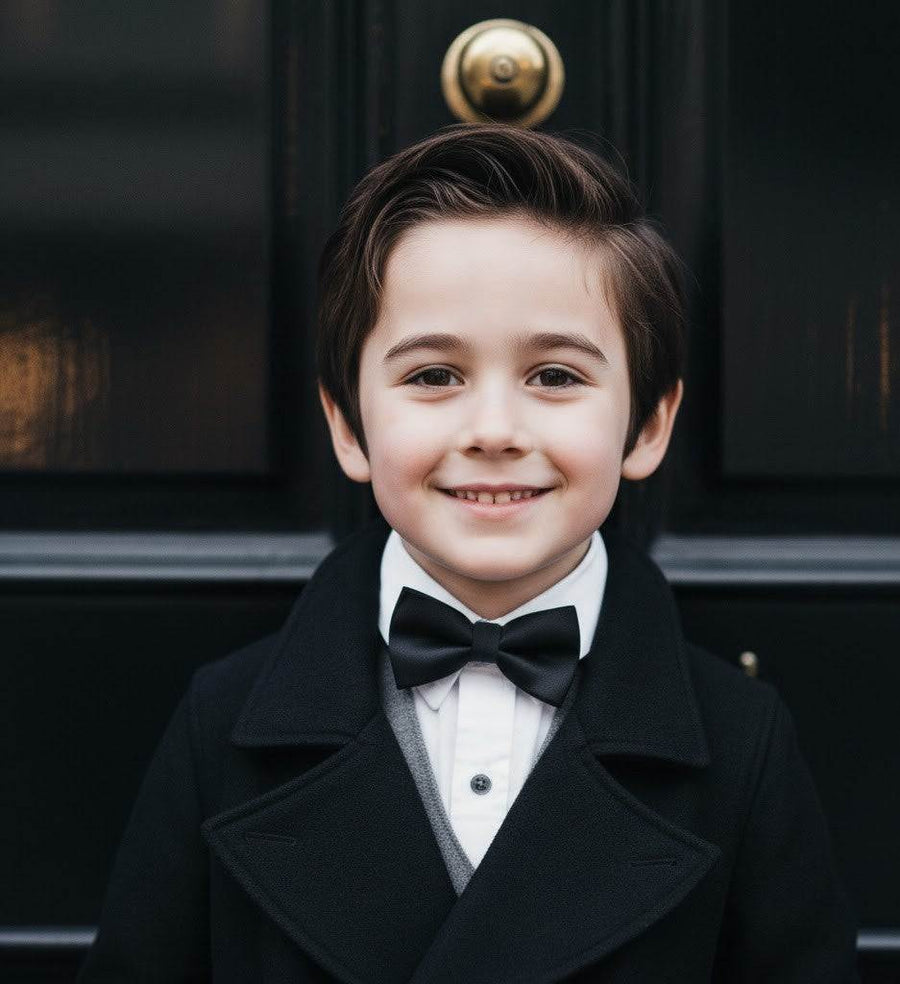 Stylish boys black cashmere coat for ages 3-12 with tailored fit and wool blend outerwear