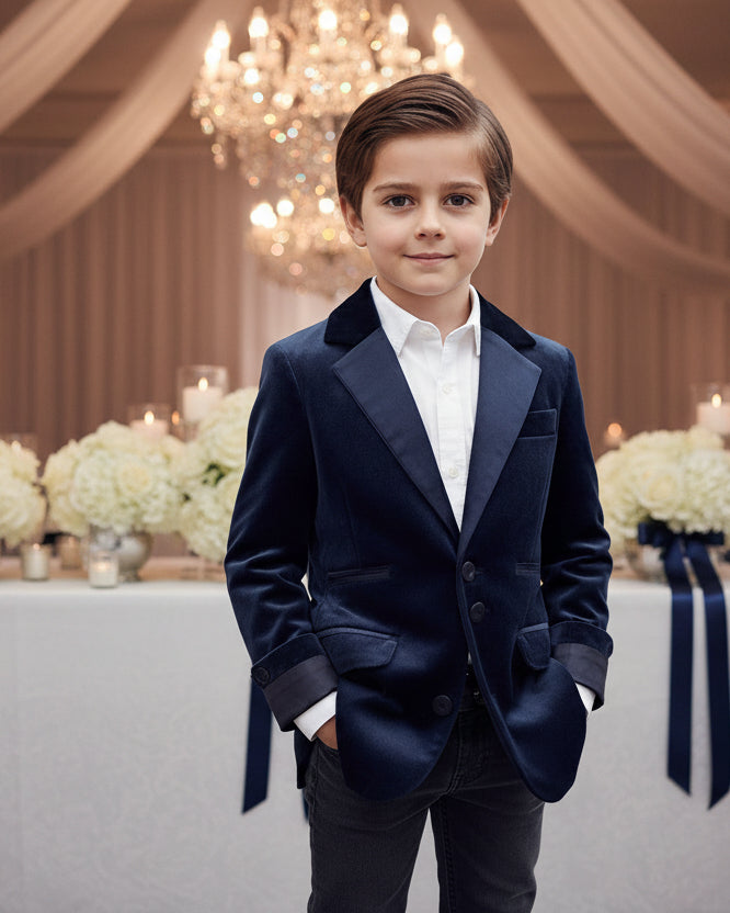 Boy wearing a tailored navy velvet blazer with classic lapels for formal and everyday occasions