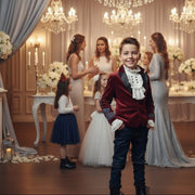 Boys dark red velvet blazer with vintage lace detail for formal events ages 6-14