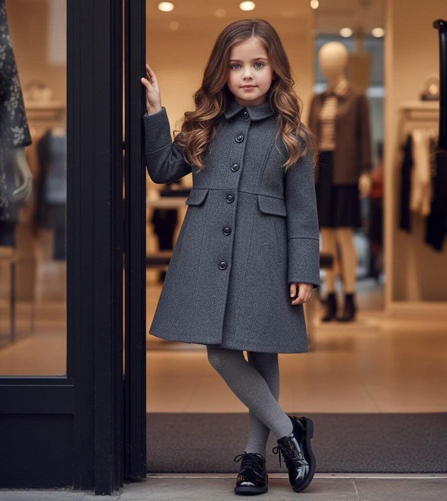 Girls vintage wool winter coat thick warm long overcoat for ages 3-9 years with double-breasted buttons and classic tailoring