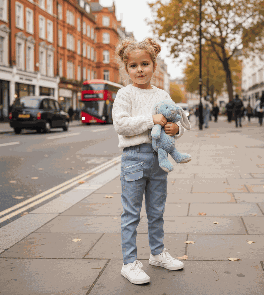 Girls wearing light blue stretchy denim skinny jeans for kids aged 4-9 years