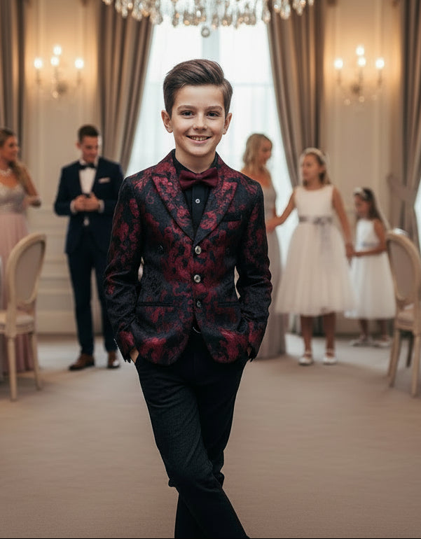 Luxury Boys Brocade Blazer – Black & Wine Red Floral Page Boy Jacket for Wedding & Formal Occasions (Ages 4–12)