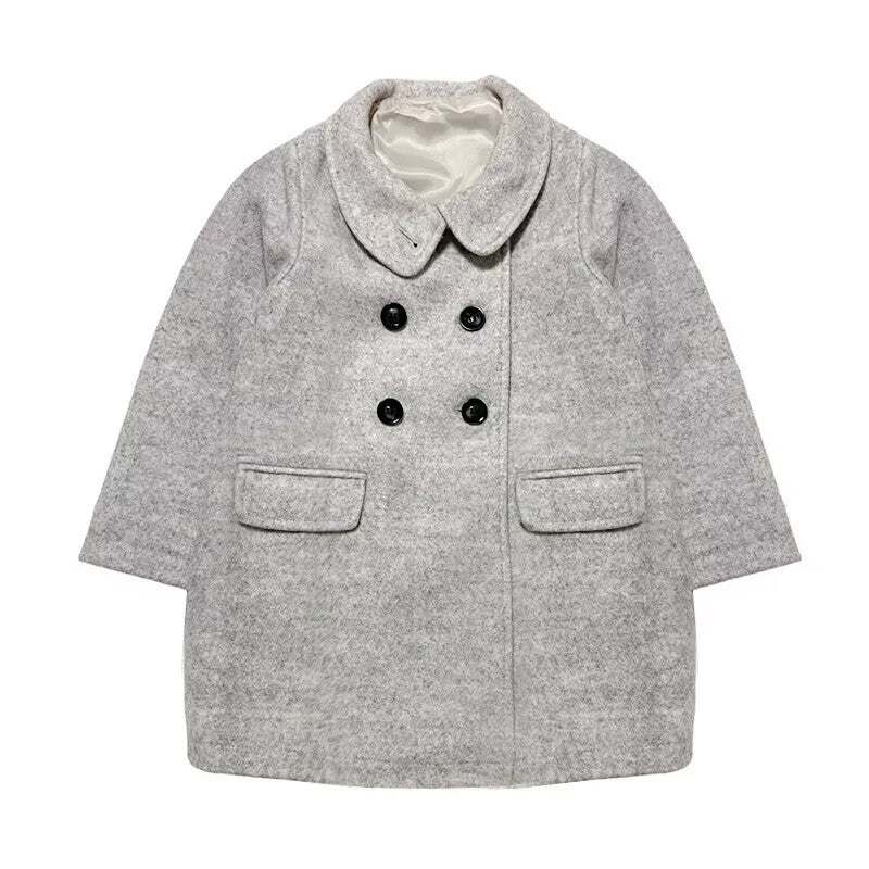 Girls woolen coat vintage doll-style grey jacket for ages 2-5 years with lace accents