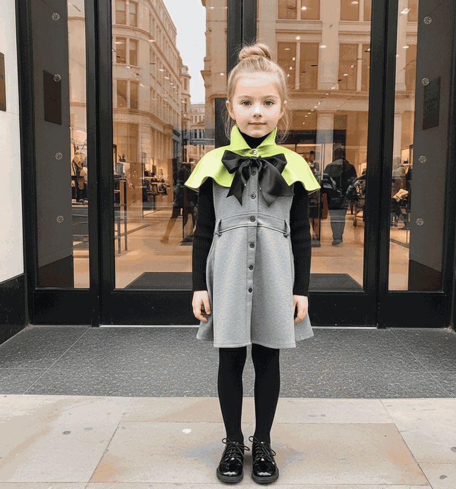 Apple green cape flower girl dress with black bow for elegant wedding girls aged 9-12