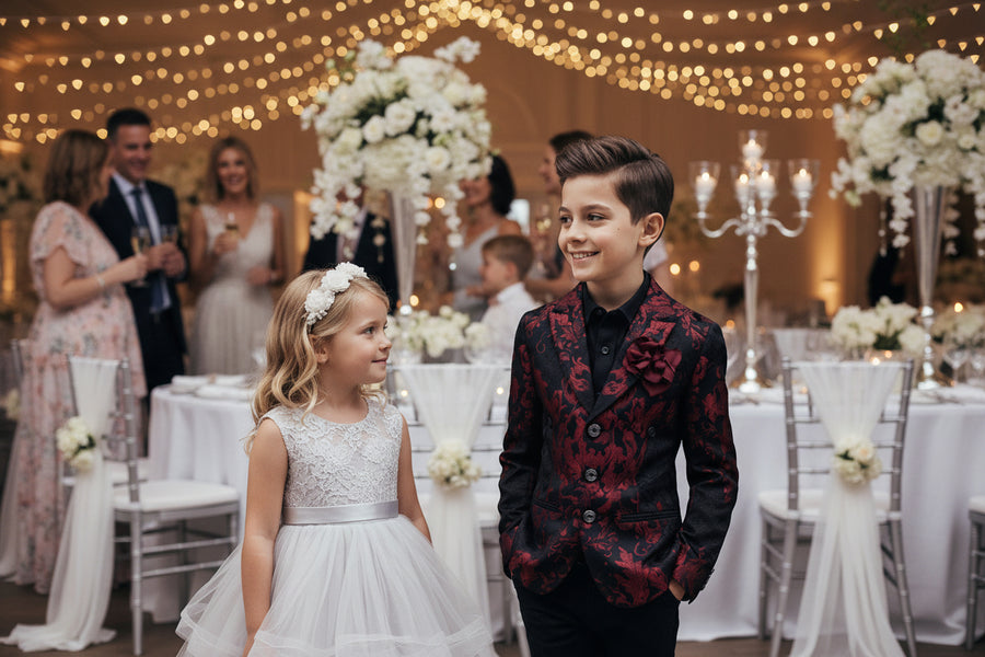 Luxury Boys Brocade Blazer – Black & Wine Red Floral Page Boy Jacket for Wedding & Formal Occasions (Ages 4–12)