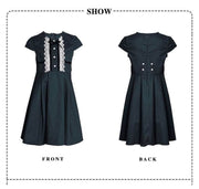 Girl wearing dark green lace dress with white lace accents, vintage cotton A-line style for ages 3-7