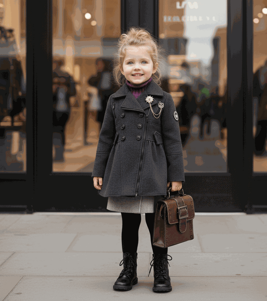 Toddler girl wearing a warm long plaid wool-blend winter coat with button closure