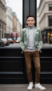 Boys green matte velvet blazer tailored fit for formal and smart casual occasions