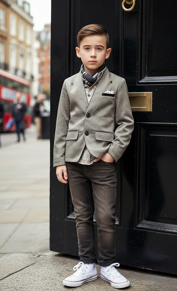 Grey V-Neck Blazer for Boys – A Refined Jacket for Ceremonies & Everyday Elegance (Ages 3–9)