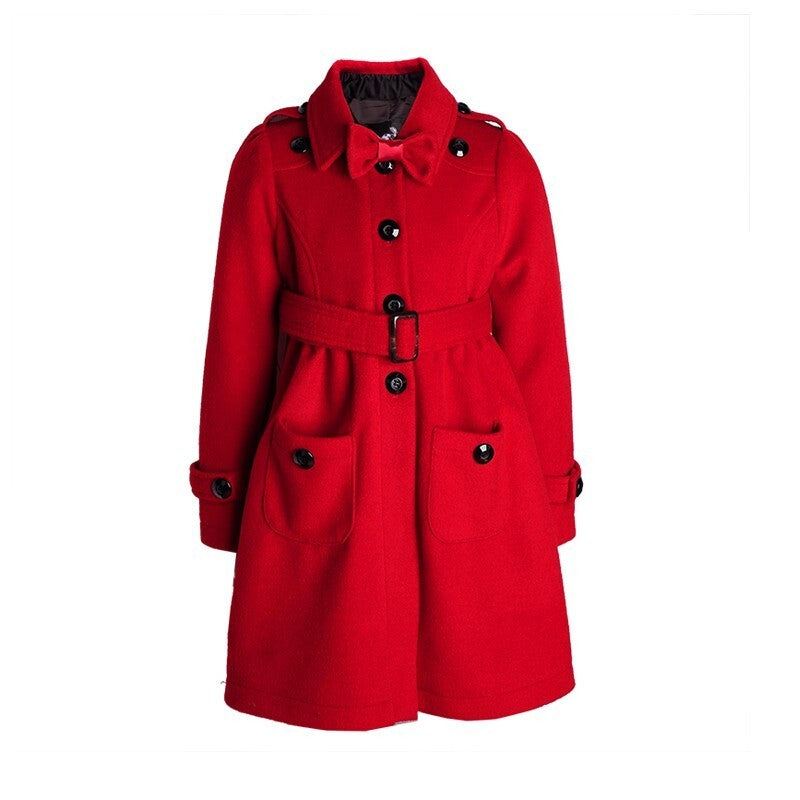 Young girl wearing elegant red cashmere long coat with black bow detail for autumn winter