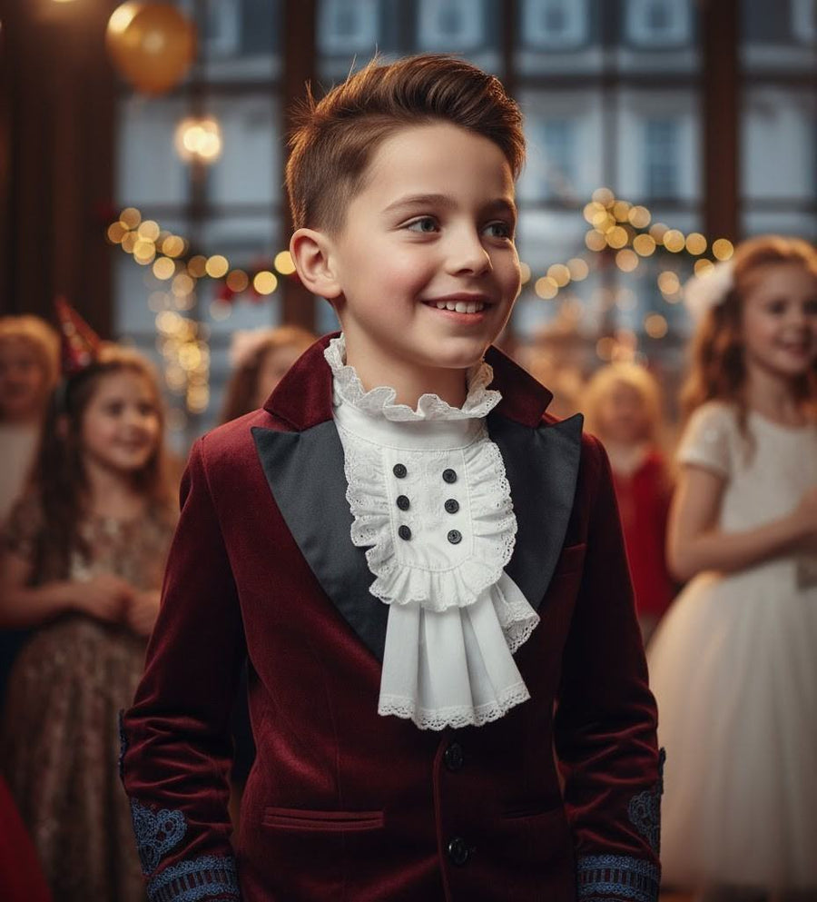 Boys dark red velvet blazer with vintage lace detailing for formal occasions ages 6–14